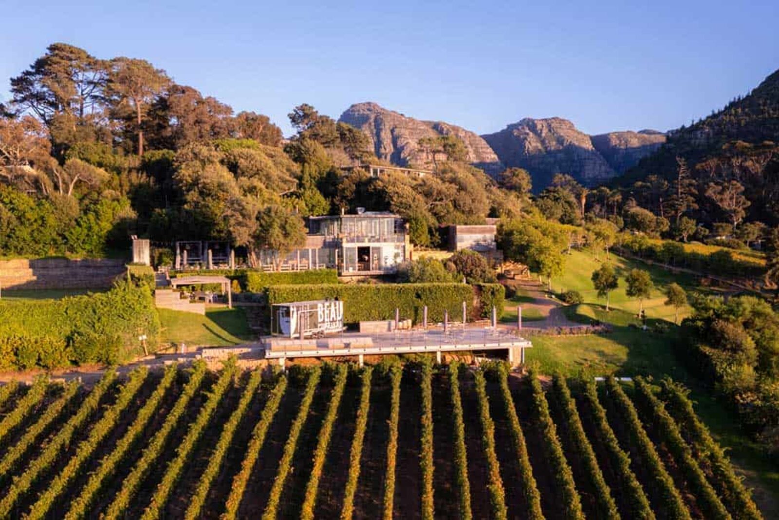 Aerial view of Beau Constantia wine estate surrounded by Cape Town vineyards